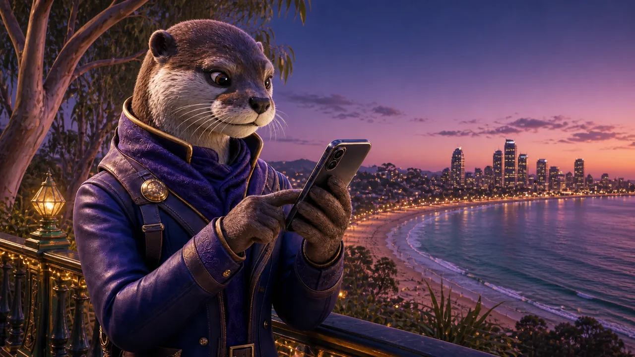 Otter using SafeCasino on a phone overlooking an Australian city